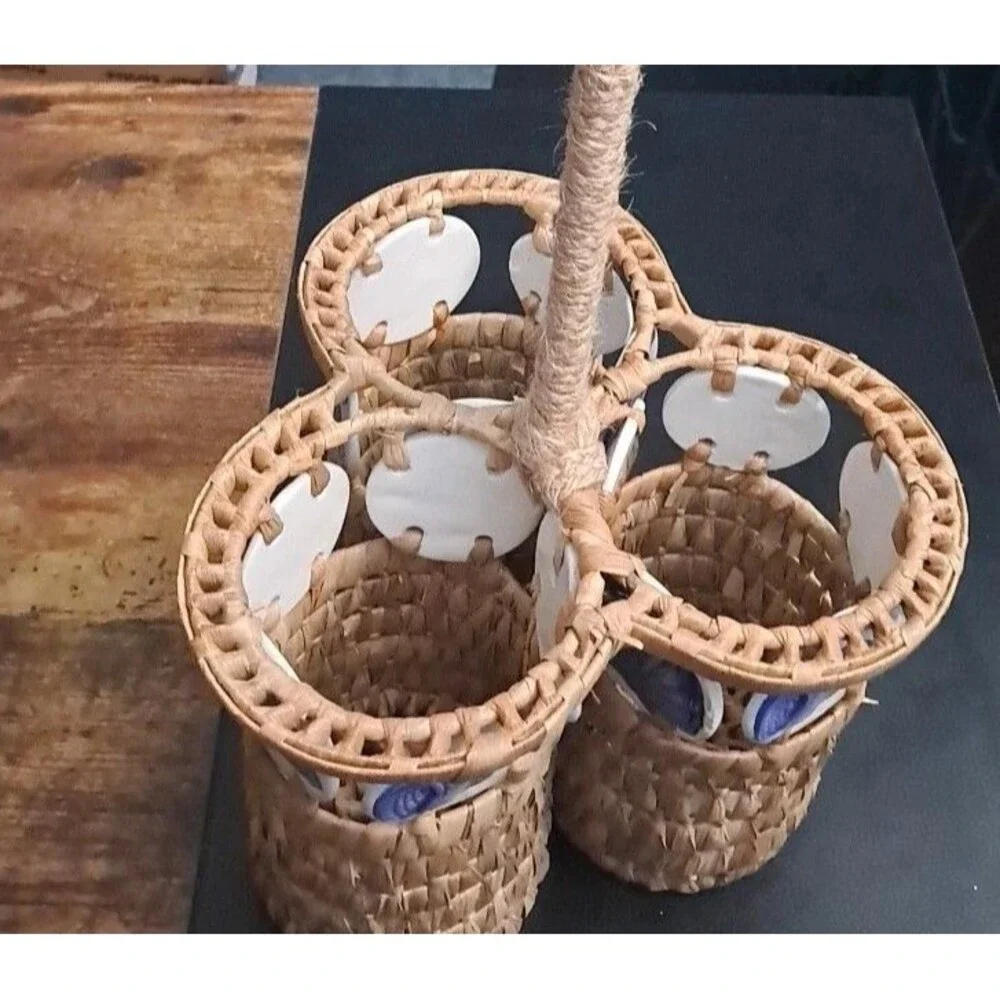 Wicker 3-Bottle Wine Oil Caddy Nautical Seagrass Shell Jute Handle Handmade VTG